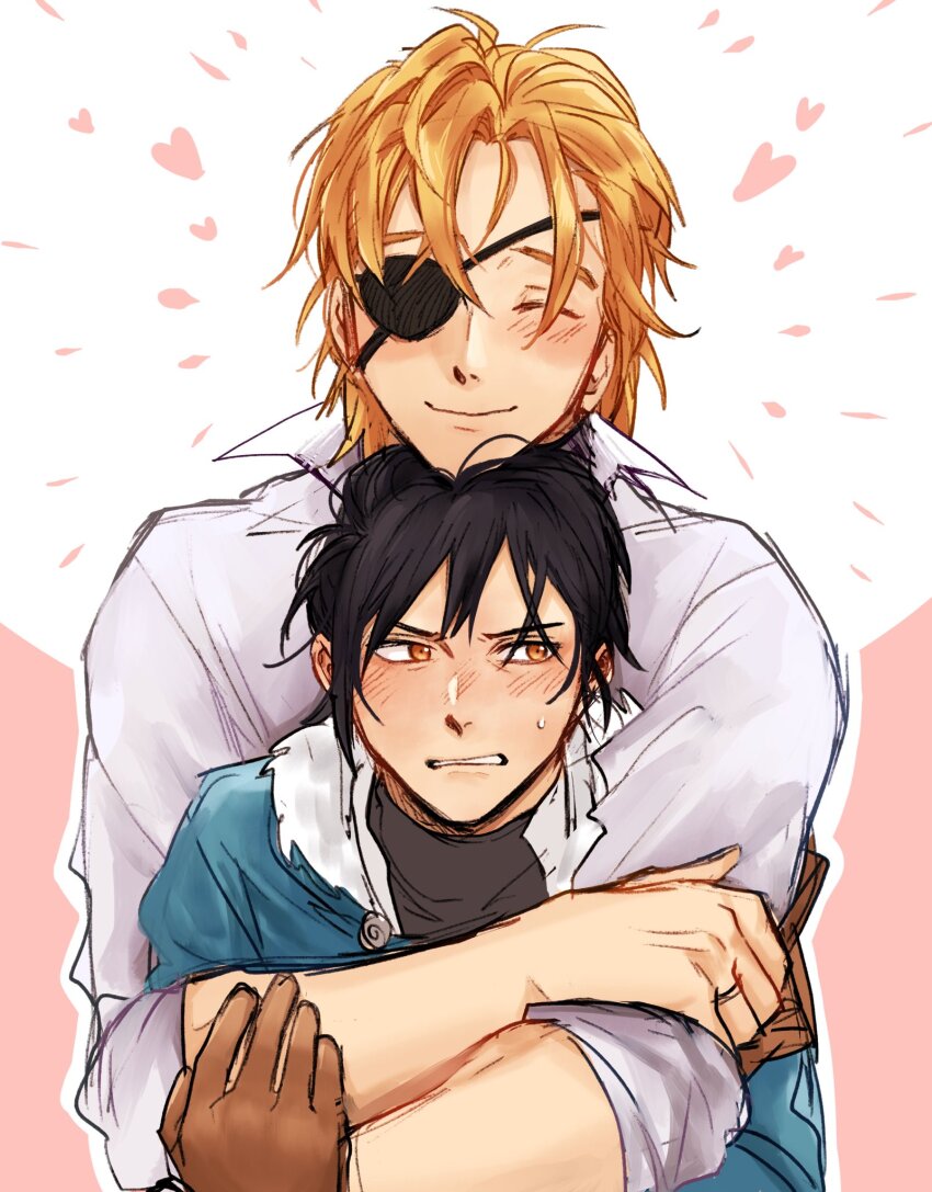 2boys, aqua_cape, armor, black_hair, black_shirt, blonde_hair, blush, brown_gloves