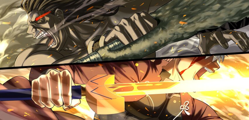 2boys, angry, archer_(fate), armor, black_hair, blood, caliburn_(fate), dark-skinned_male