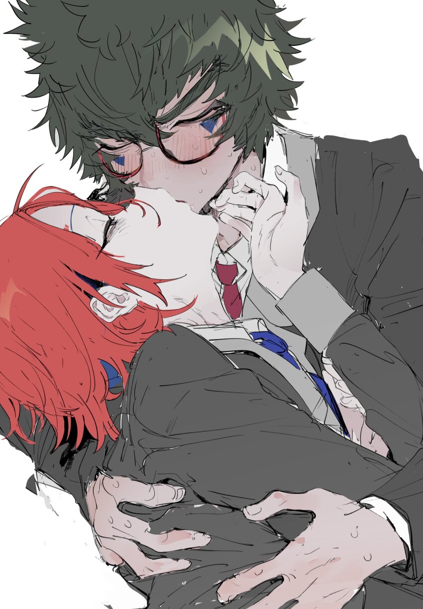 2boys, black_vest, blue_necktie, blush, closed_eyes, collared_shirt, commentary_request, facial_mark