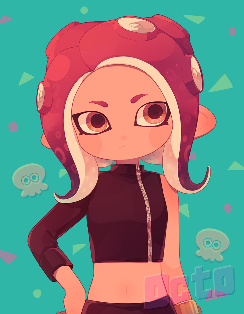 1girl, agent_8_(splatoon), black_shirt, black_skirt, blue_background, blush_stickers, breasts, closed_mouth