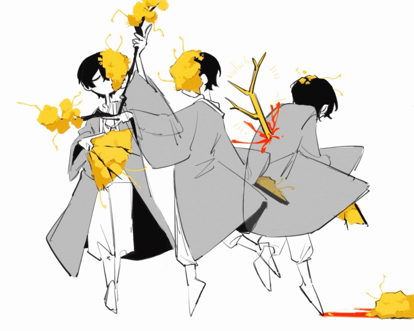 1boy, arm_up, barefoot, black_hair, blood, closed_eyes, coat, e.g.o_(project_moon)