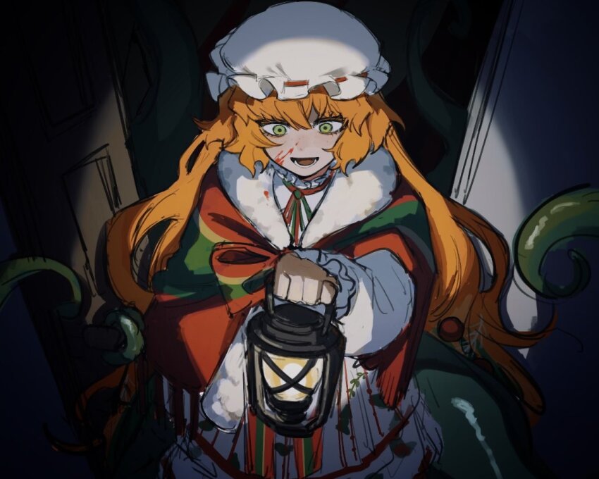 1girl, blood, blood_on_face, christmas_nightmare_(e.g.o), door, dress, e.g.o_(project_moon), freckles