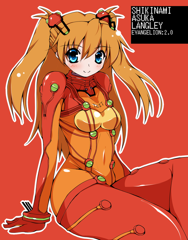 1girl, arm_support, bad_id, bad_pixiv_id, blue_eyes, blush, bodysuit, bracer, breasts, brown_hair, character_name, clothes_writing, copyright_name, covered_navel, female_focus, from_side, gloves, hair_between_eyes, hair_ornament, hairpin, hairpods, hip_focus, interface_headset_(evangelion), kaga_taichi, light_smile, long_hair, looking_at_viewer, mecha_pilot_suit, neon_genesis_evangelion, outline, pixelated, plugsuit_(evangelion), rebuild_of_evangelion, red_background, saga_taichi, see-through_clothes, simple_background, sitting, small_breasts, smile, solo, souryuu_asuka_langley, test_plugsuit_(evangelion), thighs, turtleneck, twintails, two_side_up