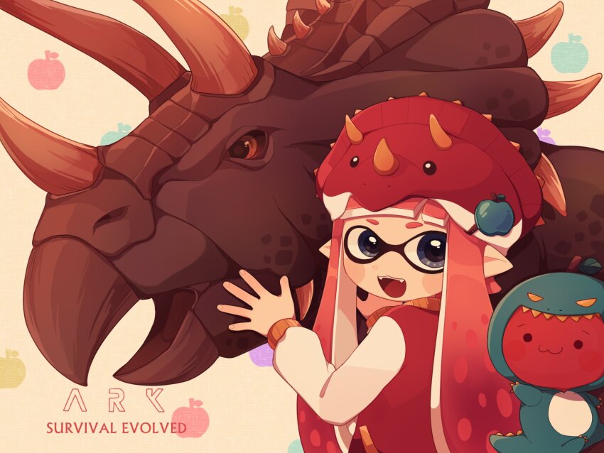 1girl, :d, apple_hair_ornament, ark_survival_evolved, blue_eyes, blush_stickers, commentary_request, copyright_name