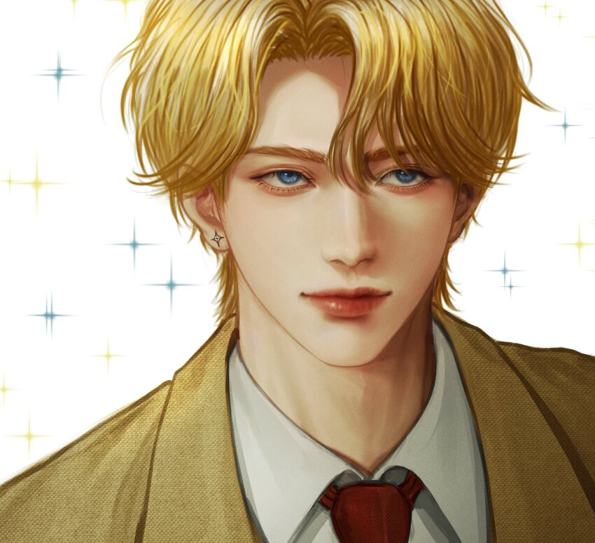 1boy, blue_eyes, close-up, collared_shirt, commentary_request, earrings, highres, jacket, jewelry, korean_commentary, light_smile, looking_to_the_side, male_focus, mingong122, necktie, pierre_tempete_de_neige, red_lips, red_necktie, school_uniform, shirt, short_hair, simple_background, solo, sparkle, sugar_sugar_rune, white_background, yellow_jacket