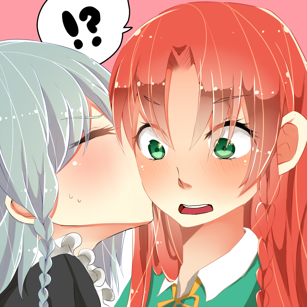 !?, 2girls, bad_id, bad_pixiv_id, blush, braid, closed_eyes, female_focus, green_eyes, green_hair, hong_meiling, izayoi_sakuya, kiss, mizuiro_buranko, multiple_girls, open_mouth, red_hair, simple_background, surprised, sweat, touhou, yuri