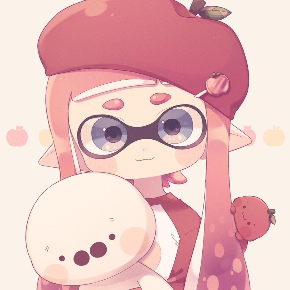 1girl, :3, apple_hair_ornament, beret, blue_eyes, blush_stickers, closed_mouth, commentary