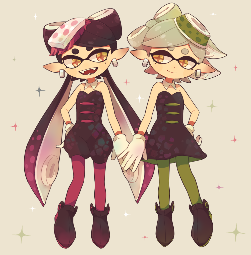 2girls, ankle_boots, bare_shoulders, black_dress, black_footwear, black_hair, black_jumpsuit, boots, bow-shaped_hair, breasts, callie_(splatoon), callie_(squid_sisters_outfit)_(splatoon), closed_mouth, collar, commentary_request, cross-shaped_pupils, detached_collar, dress, earrings, fangs, full_body, gloves, gradient_hair, green_hair, green_pantyhose, grey_background, grey_hair, hand_on_own_hip, holding_hands, inkling, jewelry, jumpsuit, long_hair, looking_at_another, ma-to, marie_(splatoon), marie_(squid_sisters_outfit)_(splatoon), medium_hair, mole, mole_under_eye, multicolored_hair, multiple_girls, nintendo, open_mouth, pantyhose, pink_hair, pink_pantyhose, pointy_ears, short_eyebrows, short_jumpsuit, simple_background, small_breasts, smile, splatoon_(series), splatoon_1, strapless, strapless_dress, swept_bangs, symbol-shaped_pupils, tentacle_hair, twintails, two-tone_hair, very_long_hair, white_collar, white_gloves, yellow_eyes