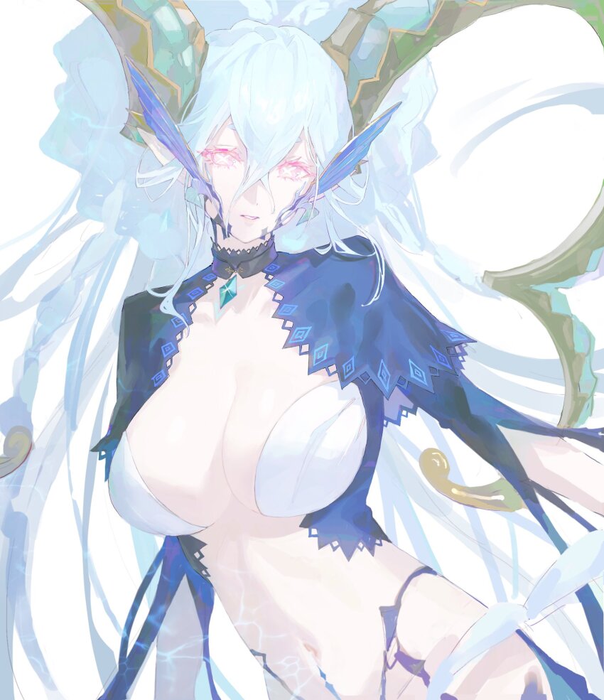 +_+, 1girl, aqua_hair, braid, breasts, choker, cleavage, curled_horns