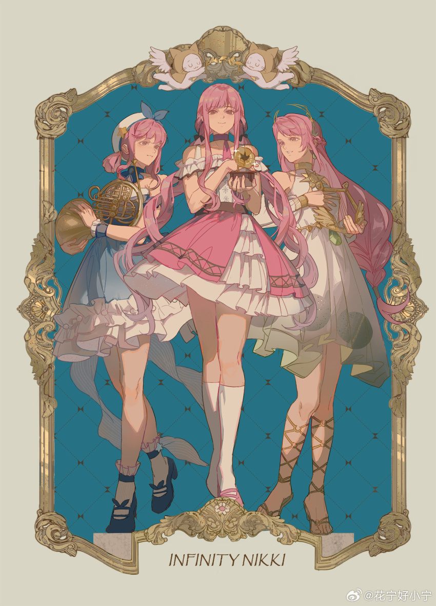 3girls, angel_wings, animal, argyle_background, back_bow, bare_arms, bare_shoulders, belt, beret, black_belt, black_bow, black_ribbon, blue_background, blue_bow, blue_bowtie, blue_choker, blue_dress, blue_footwear, blue_sleeves, blue_wrist_cuffs, blunt_bangs, border, bow, bow_choker, bowtie, bra_strap, brown_eyes, brown_footwear, bubbly_voyage_(infinity_nikki), buttons, cat, center_frills, choker, cloak, closed_eyes, closed_mouth, clothed_animal, collared_dress, copyright_name, cupid, detached_sleeves, dress, ear_covers, feathered_wings, footwear_bow, frilled_dress, frilled_shirt, frilled_skirt, frilled_sleeves, frilled_socks, frilled_wrist_cuffs, frills, full_body, gradient_clothes, gradient_dress, green_dress, grey_border, grey_bow, hair_bow, hair_ribbon, hair_rings, happy, hat, hat_bow, hat_ornament, highres, holding, holding_harp, holding_instrument, hood, hood_up, hooded_cloak, huaning_haoxiao_ning, infinity_nikki, instrument, kneehighs, knees, laurel_crown, layered_skirt, long_hair, looking_at_another, looking_at_viewer, low_twintails, mary_janes, medium_dress, miniskirt, momo_(nikki), multiple_girls, multiple_persona, nikki_(nikki), nikki_(series), off-shoulder_shirt, off_shoulder, open_mouth, phonograph, picture_frame, pink_bow, pink_bowtie, pink_choker, pink_hair, pink_shoes, pink_skirt, pleated_dress, pleated_skirt, ribbon, sandals, shirt, shoes, short_sleeves, sidelocks, skirt, sleeveless, sleeveless_dress, smile, snowflakes, socks, standing, star_(symbol), star_hat_ornament, strapless, strapless_dress, toenails, toes, tress_ribbon, twintails, very_long_hair, watermark, weibo_watermark, white_cat, white_dress, white_hat, white_shirt, white_skirt, white_socks, white_wings, wind_of_purity_(infinity_nikki), winged_animal, wings, wrist_cuffs, yellow_cloak