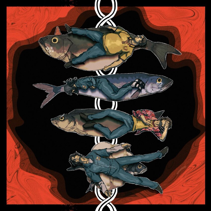 1girl, 3boys, animal, anya_(mouthwashing), black_footwear, black_hair, blue_jumpsuit, brown_hair, crying, crying_with_eyes_open, daisuke_(mouthwashing), denim, desu_bba, double_helix, facial_hair, fat, fat_man, fish, floral_print, hat, highres, how_fish_is_made, jeans, jimmy_(mouthwashing), jumpsuit, layered_sleeves, long_sleeves, lying, lying_on_animal, mouthwashing, multiple_boys, on_back, on_side, open_clothes, open_shirt, pants, party_hat, pink_shirt, shirt, short_hair, short_over_long_sleeves, short_sleeves, swansea_(mouthwashing), tears, yellow_shirt