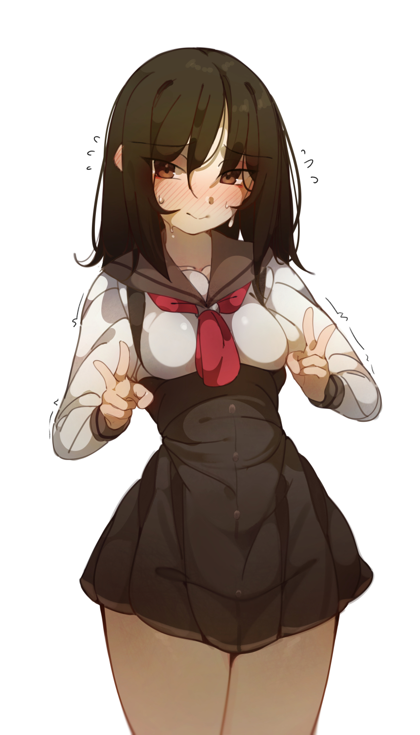 1girl, absurdres, blush, breasts, brown_eyes, brown_hair, brown_sailor_collar, brown_skirt