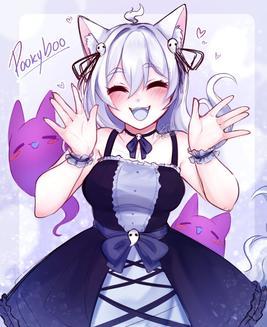 1girl, :d, =_=, ^_^, ahoge, animal_ear_fluff, animal_ears, bare_shoulders, black_choker, black_dress, blue_background, blue_tongue, blush, border, breasts, brooch, center_frills, character_name, choker, closed_eyes, colored_tongue, commentary, cross-laced_clothes, cross-laced_dress, dress, fangs, fox_ears, fox_girl, fox_tail, frilled_cuffs, frilled_dress, frills, ghost, ghost_brooch, ghost_hair_ornament, hair_between_eyes, hair_ornament, hair_ribbon, hands_up, heart, highres, indie_virtual_youtuber, jewelry, long_hair, medium_breasts, open_mouth, outside_border, panqlao, pooky_boo, ribbon, ribbon_choker, sleeveless, sleeveless_dress, smile, solo, spanish_commentary, tail, thick_eyebrows, virtual_youtuber, white_hair, white_tail