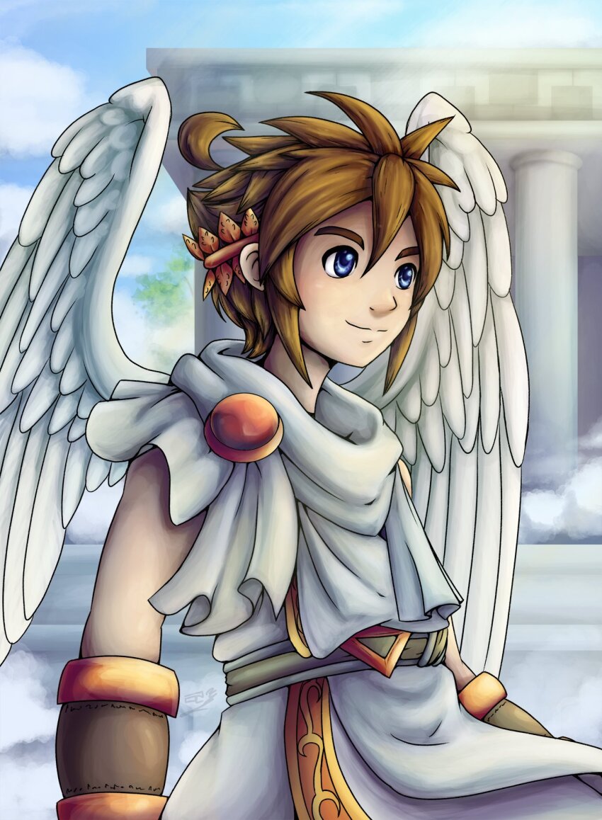 1boy, ahoge, ancient_greek_clothes, angel, angel_wings, architecture, belt, blue_background, blue_eyes, bracer, commentary, english_commentary, feathered_wings, greco-roman_architecture, greco-roman_clothes, highres, kid_icarus, kid_icarus_uprising, ladymaggie, laurel_crown, male_focus, nintendo, pit_(kid_icarus), scarf, short_hair, sidelocks, sky, smile, split_mouth, tree, wings