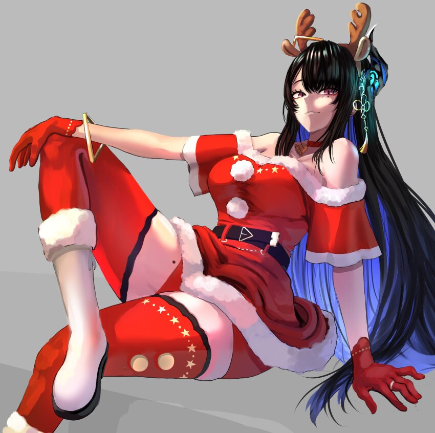 absurdres, animal_ears, antlers, black_hair, blue_hair, brasileiroo, christmas, colored_inner_hair