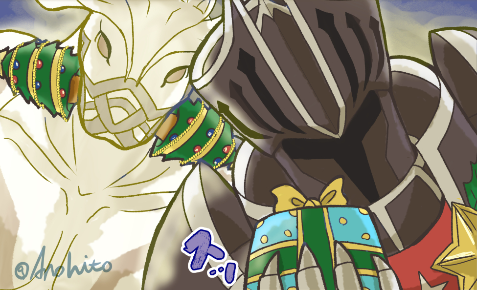 2boys, anohito_(pixiv_1047059), armor, black_armor, black_knight_(fire_emblem), black_knight_(winter)_(fire_emblem), christmas_present, commentary_request