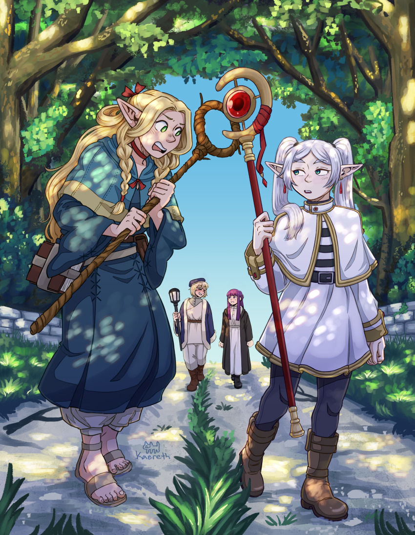 4girls, absurdres, ambrosia_(dungeon_meshi), arguing, artist_name, blonde_hair, boots, bow