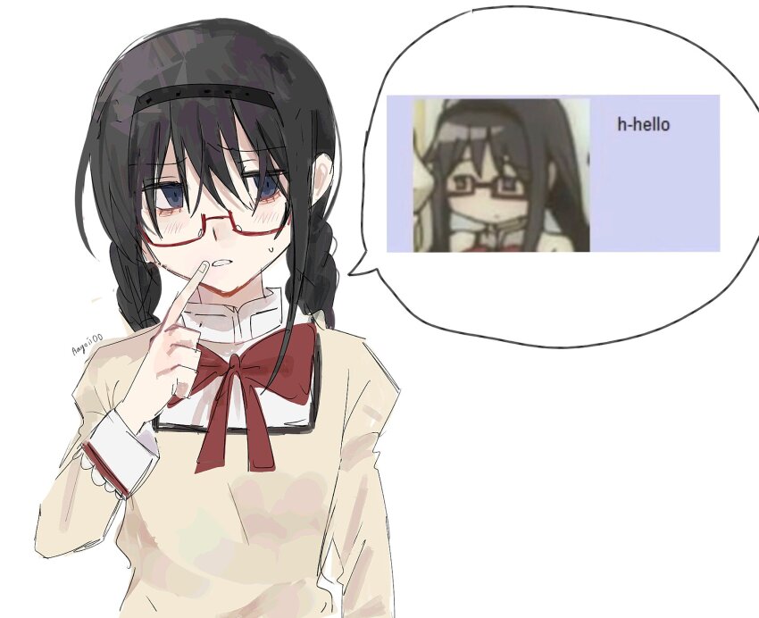 1girl, aayoii_00, akemi_homura, anime_screenshot, black_hair, bow, bowtie, braid, highres, index_finger_raised, long_hair, mahou_shoujo_madoka_magica, mitakihara_school_uniform, purple_eyes, red-framed_eyewear, red_bow, red_bowtie, school_uniform, semi-rimless_eyewear, solo, twin_braids, under-rim_eyewear, upper_body