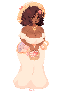 1girl, :3, animated, animated_gif, basket, black_eyes, breasts, brown_hair, brown_hat, cleavage, commentary, commission, doosio, dress, english_commentary, food, fruit, full_body, hat, holding, holding_basket, holding_food, holding_fruit, large_breasts, laughing, looking_down, looking_to_the_side, looping_animation, lowres, original, pixel_art, smile, solo, strapless, strapless_dress, strawberry, sun_hat, transparent_background, white_dress