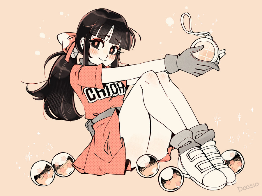 1girl, artist_name, belt, black_eyes, black_hair, blush, bow, chi-chi_(dragon_ball)