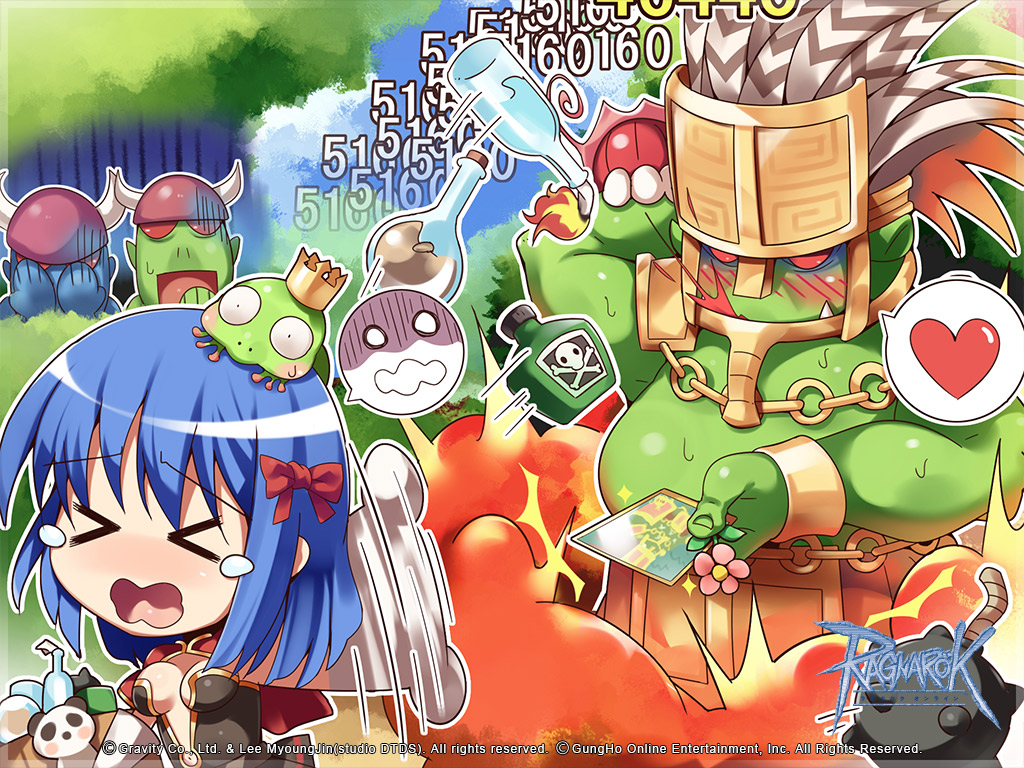 >_<, 1girl, 3boys, blue_skin, blue_sky, blush, bomb, bow