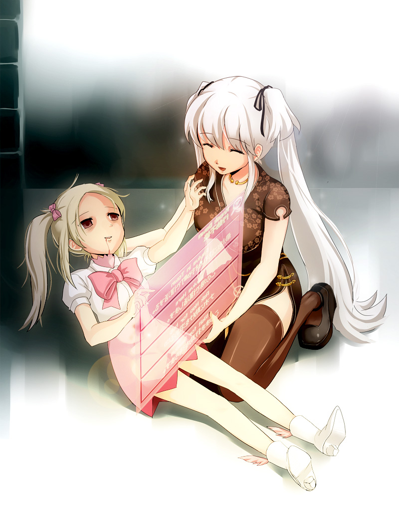 2girls, player_character_(mabinogi), blood, blood_on_face, brown_eyes, brown_legwear, china_dress, chinese_clothes, closed_eyes, dress, empty_eyes, gameplay_mechanics, mabinogi, multiple_girls, nao_(mabinogi), outstretched_hand, pink_dress, pink_skirt, rarako, silver_hair, skirt, smile, spoilers, thighhighs, twintails, zettai_ryouiki