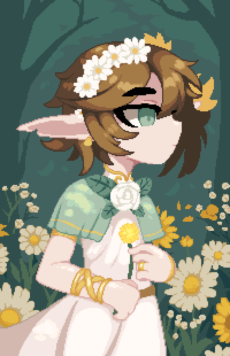 1girl, armband, brown_hair, cardigan, cowboy_shot, dandelion, dress, elf