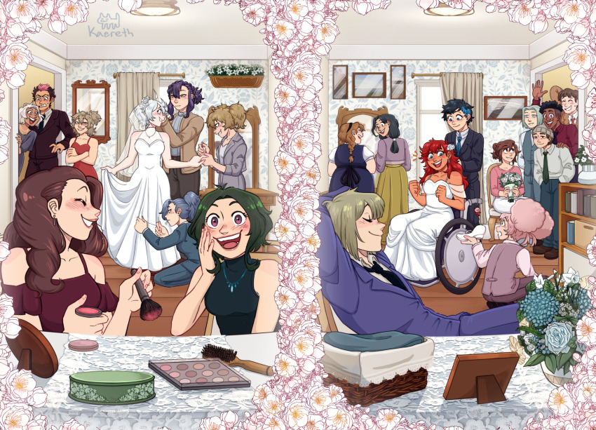 6+boys, 6+girls, adjusting_dress, afro, afro_puffs, aliya_mahvash, applying_makeup, black_hair