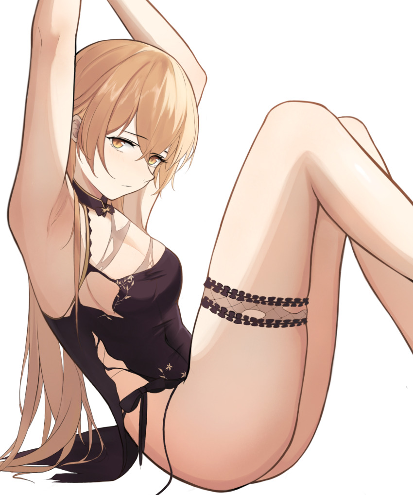 1girl, armpits, black_dress, blonde_hair, breasts, china_dress, chinese_clothes, cleavage, commentary, dress, english_commentary, girls'_frontline, highres, long_hair, looking_at_viewer, official_alternate_costume, orange_eyes, ots-14_(girls'_frontline), ots-14_(sangria_succulent)_(girls'_frontline), sharp-pig, simple_background, sitting, skindentation, solo, thigh_strap, torn_clothes, torn_dress, white_background