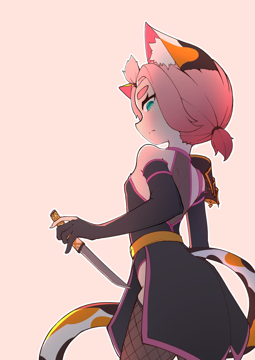 1girl, absurdres, animal_ear_fluff, animal_ears, bare_shoulders, black_gloves, black_leotard, black_skirt, black_thighhighs, breasts, cat_ears, cat_girl, cat_tail, diona_(genshin_impact), elbow_gloves, fishnet_thighhighs, fishnets, from_behind, genshin_impact, gloves, green_eyes, highres, huanchuang10772, knife, leotard, looking_back, ninja, pink_background, pink_hair, short_hair, simple_background, skirt, small_breasts, solo, tail, thighhighs, topknot
