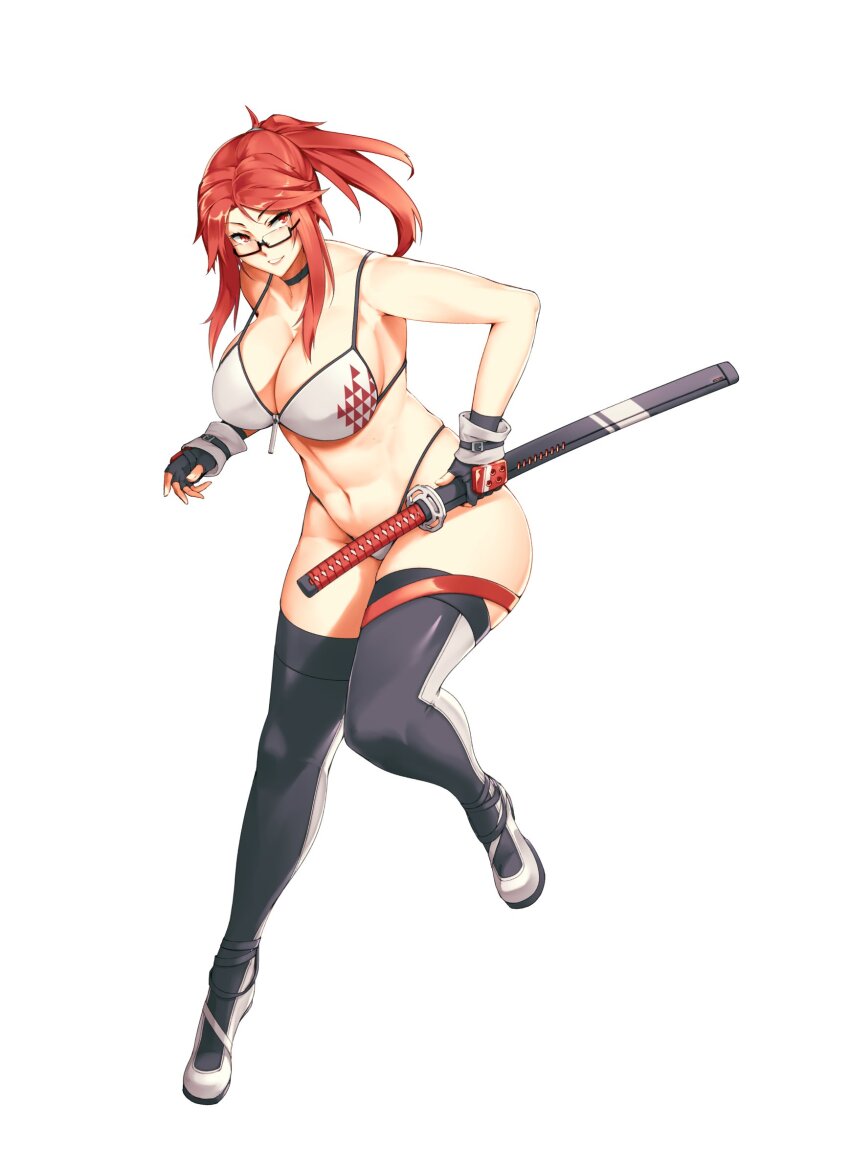 absurdres, armored_gloves, bikini, breasts, choker, cleavage, fingerless_gloves, full_body