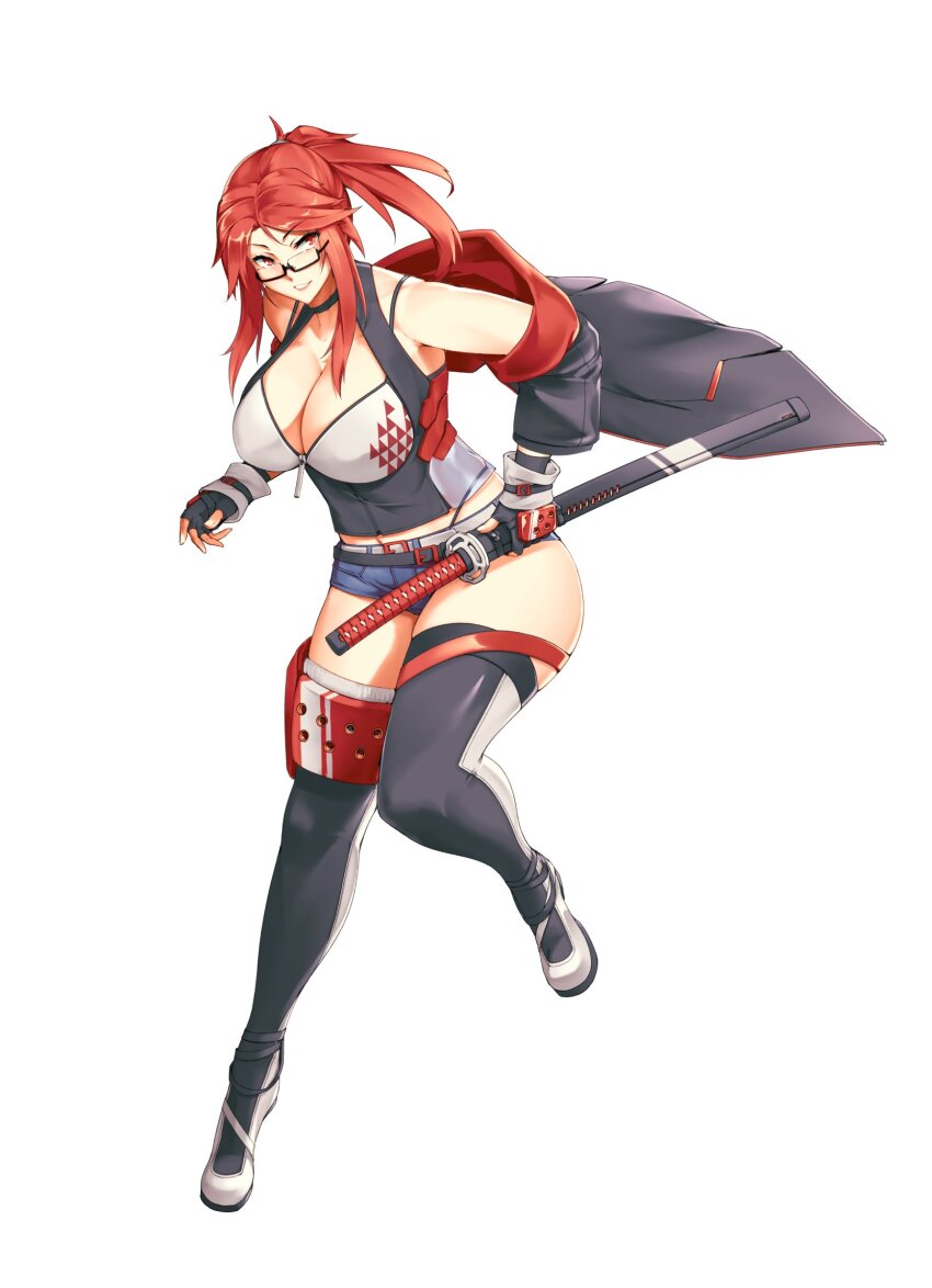 absurdres, armored_gloves, breasts, choker, cleavage, fingerless_gloves, full_body, glasses