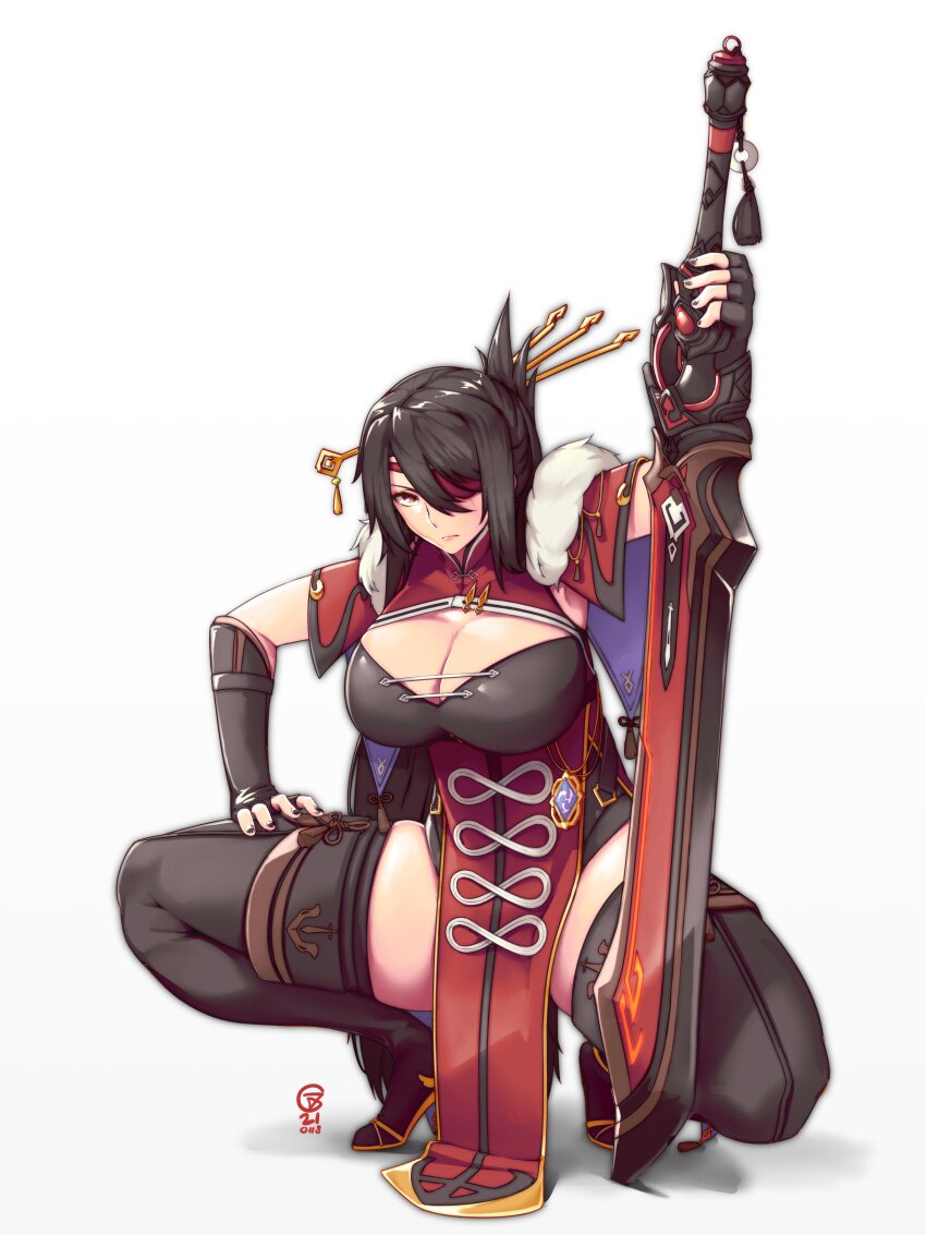 1girl, absurdres, beidou_(genshin_impact), blackcliff_slasher_(genshin_impact), breasts, brown_eyes, brown_hair, capelet