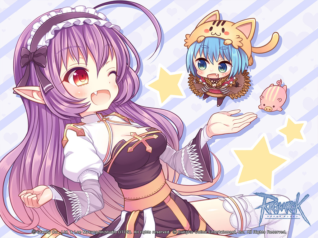 2girls, :d, ahoge, animal_hat, arch_bishop_(ragnarok_online), black_hairband, blue_eyes, blue_hair, blush, breasts, brown_coat, brown_dress, brown_thighhighs, cat_hat, chazuke_ikura, chibi, chibi_inset, cleavage, cleavage_cutout, clothing_cutout, coat, copyright_notice, cross, dress, fang, feet_out_of_frame, fishnet_thighhighs, fishnets, frilled_hairband, frilled_thighhighs, frills, fur-trimmed_coat, fur_trim, guest_art, hairband, hat, huge_ahoge, juliet_sleeves, logo, long_hair, long_sleeves, looking_at_another, looking_to_the_side, medium_breasts, multiple_girls, official_art, official_wallpaper, one_eye_closed, open_mouth, orange_eyes, piglet, pointy_ears, puffy_sleeves, purple_hair, ragnarok_online, red_skirt, sash, savage_babe, shadow_chaser_(ragnarok_online), short_hair, skirt, smile, star_(symbol), striped_background, thighhighs, two-tone_dress, white_dress, white_thighhighs, yellow_sash