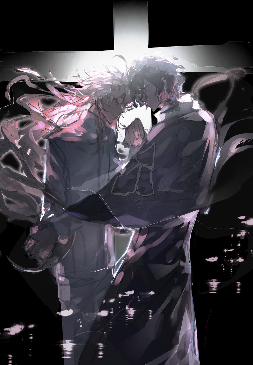 2boys, black_background, black_coat, black_eyes, black_hair, chinese_commentary, closed_mouth, coat