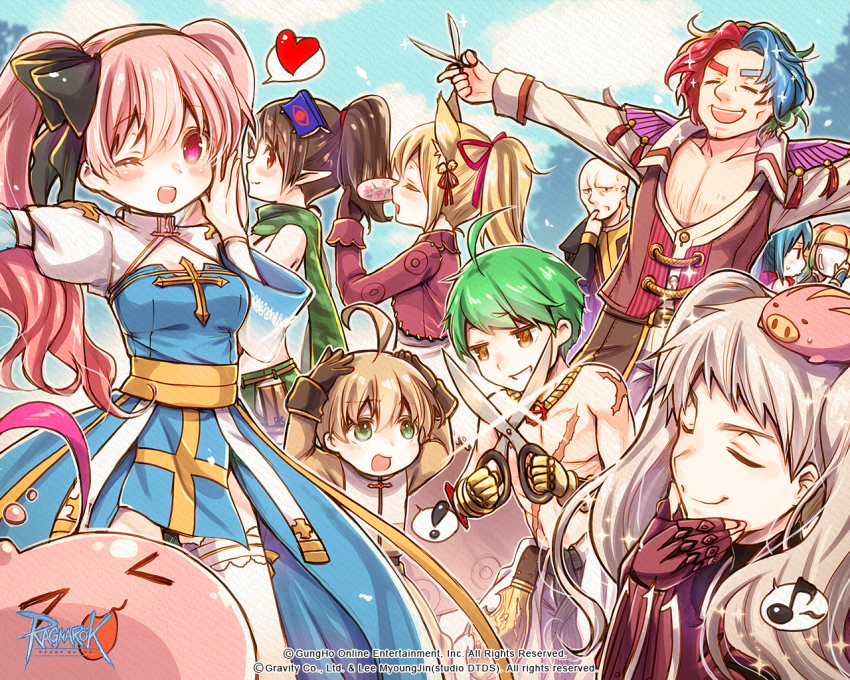 !, 4boys, 5girls, acolyte_(ragnarok_online), ahoge, animal_ears, arch_bishop_(ragnarok_online), assassin_cross_(ragnarok_online)