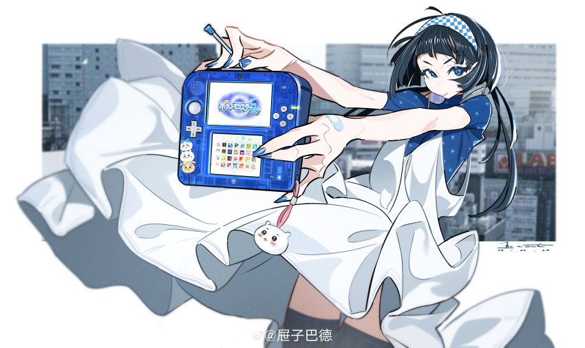 1girl, absurdres, ahoge, bandaid, black_hair, black_thighhighs, blue_eyes, blue_nails