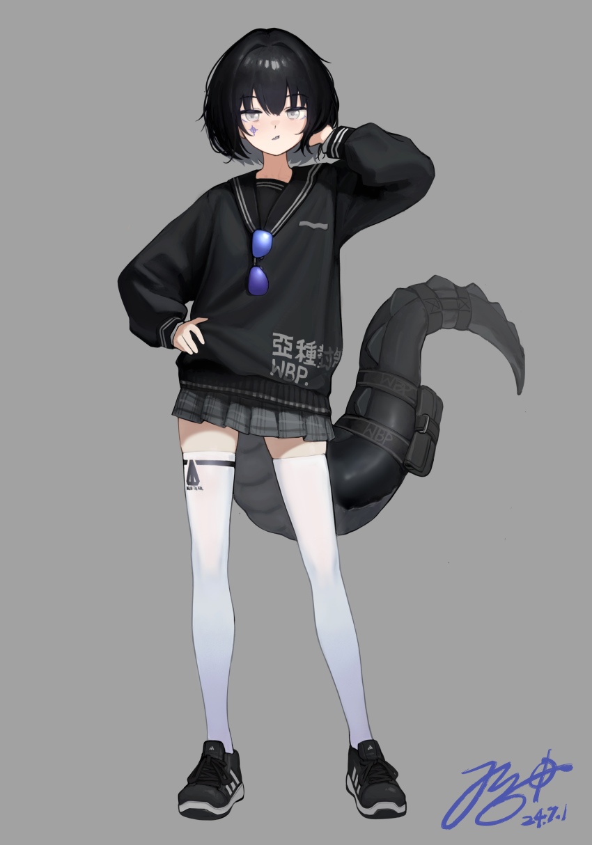 1girl, absurdres, adidas, adjusting_hair, black_footwear, black_hair, black_sailor_collar, black_tail