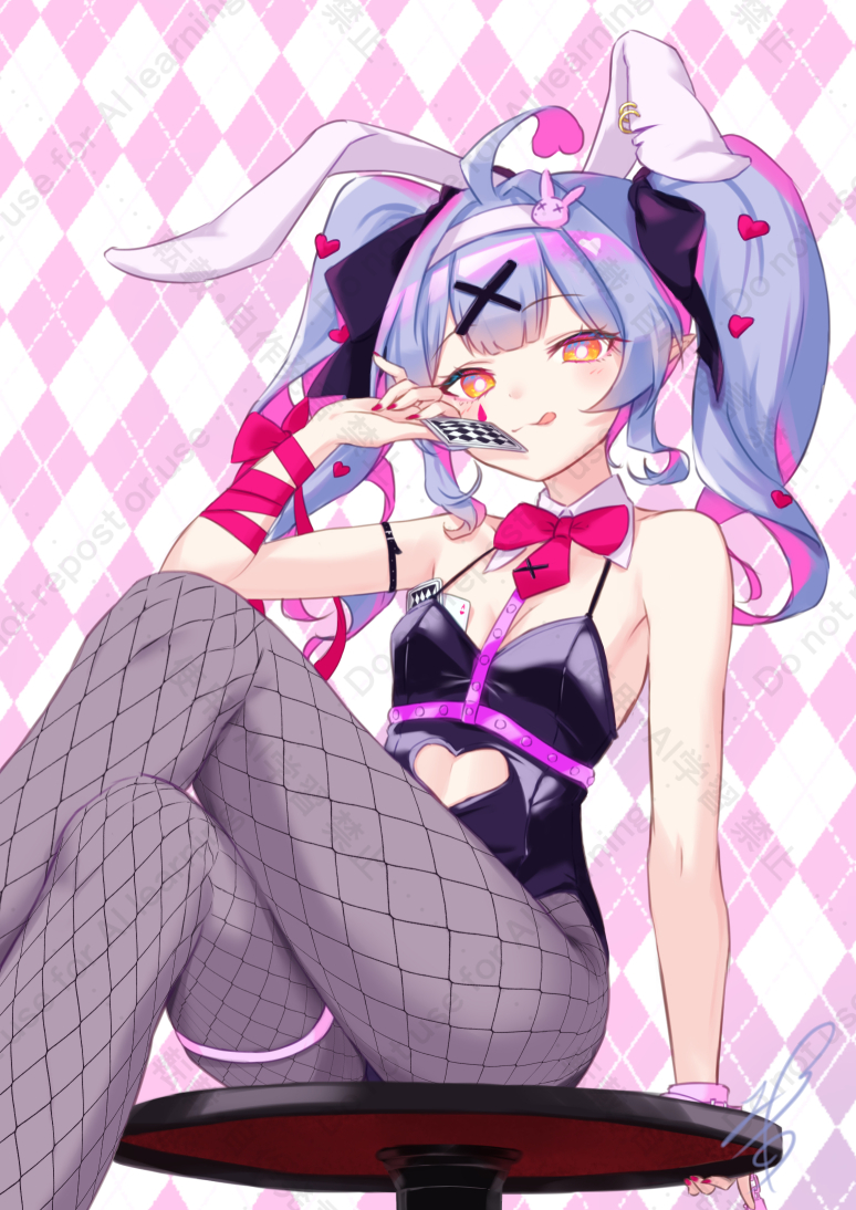 1girl, :q, ahoge, animal_ears, argyle_background, blue_hair, breasts, bright_pupils