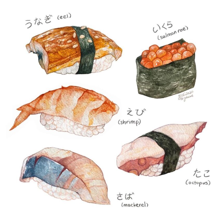 2020, bilingual_text, english_text, food, food_focus, instagram_username, mixed-language_text, no_humans, original, painting_(medium), signature, simple_background, sushi, third-party_source, traditional_media, watercolor_(medium), white_background, ydxart