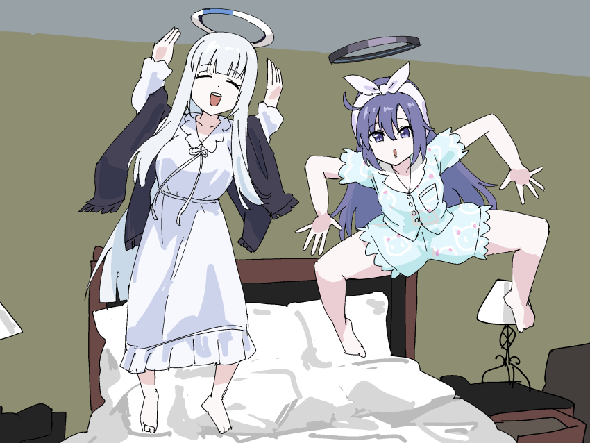 2girls, bed, bedroom, black_halo, blue_archive, frilled_pajamas, frills, halo, highres, jumping, jumping_on_bed, looking_at_viewer, mechanical_halo, meme, midair, multiple_girls, nightshirt, noa_(blue_archive), noa_(pajamas)_(blue_archive), pajamas, parody, purple_eyes, purple_hair, sleepwear, smile, tenten_(chan4545), white_halo, white_pajamas, youkai_gyaru_(meme), yuuka_(blue_archive), yuuka_(pajamas)_(blue_archive)