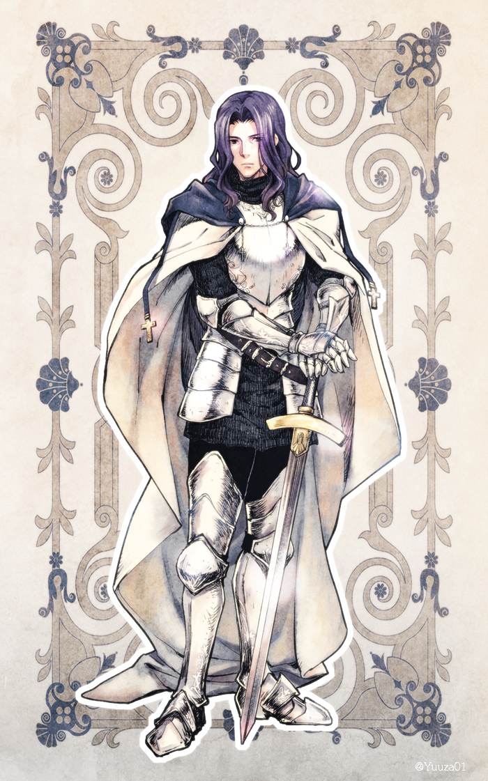 1boy, armor, armored_boots, boots, breastplate, cape, commentary_request, cosplay, fate/grand_order, fate/zero, fate_(series), gauntlets, lancelot_(fate/grand_order), lancelot_(fate/grand_order)_(cosplay), lancelot_(fate/zero), long_hair, male_focus, purple_eyes, self_cosplay, solo, sword, twitter_username, weapon, white_cape, yuuza_(yuuza01)