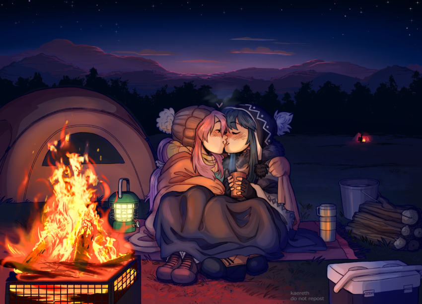 2girls, beanie, blanket, blue_hair, blush, boots, campfire, closed_eyes