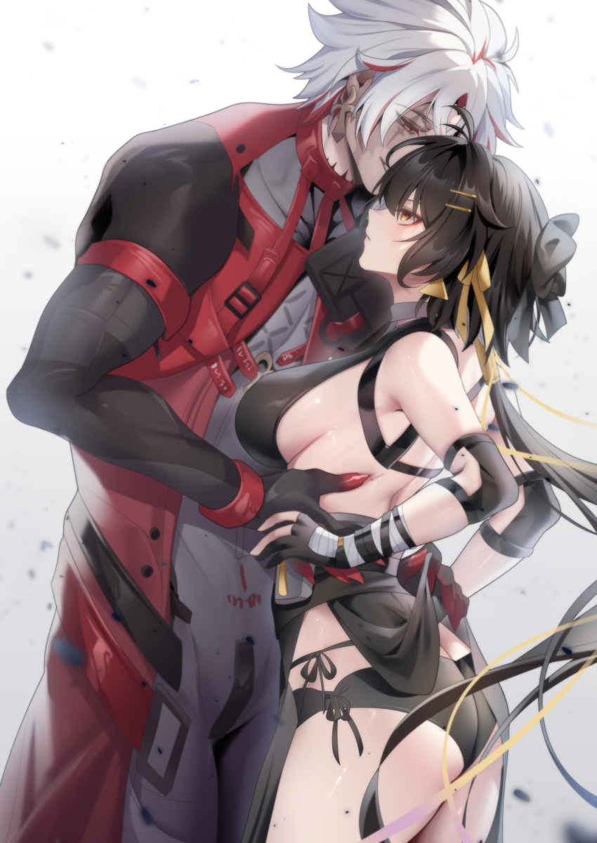 1boy, 1girl, absurdres, bandaged_arm, bandages, bare_shoulders, black_bow, black_dress