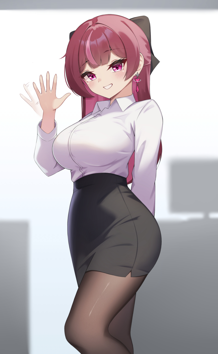 1girl, absurdres, black_bow, black_skirt, bow, breasts, brown_pantyhose, collared_shirt