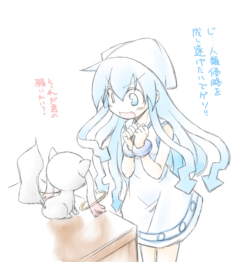 10s, blue_eyes, blue_hair, bracelet, crossover, dress, hat, ikamusume