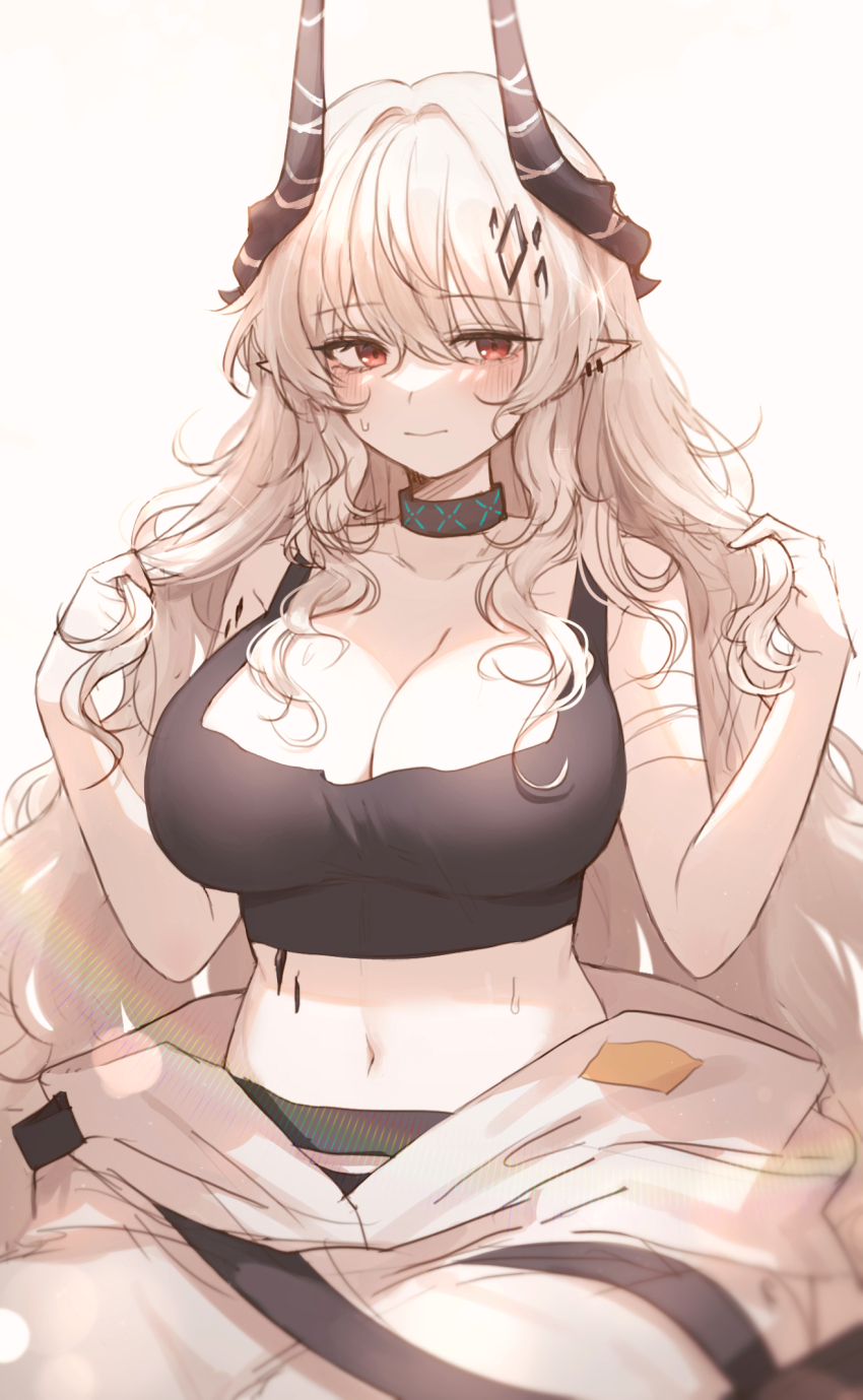 1girl, alternate_hairstyle, arknights, belly, black_shirt, blush, breasts, cleavage