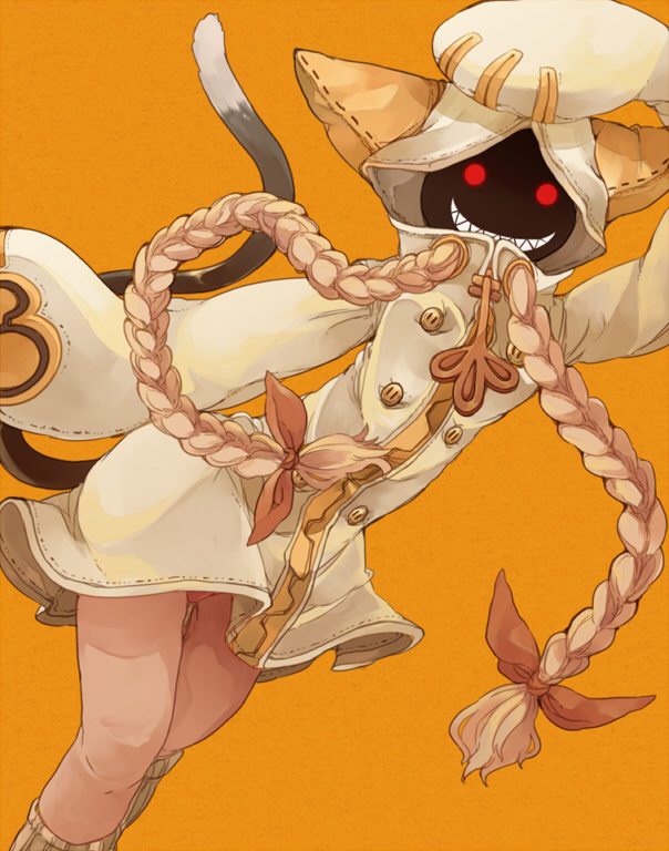 1girl, animal_ears, arc_system_works, bad_id, bad_pixiv_id, blazblue, bow, braid, cat_ears, cat_tail, chachi_(azuzu), dark-skinned_female, dark_skin, female_focus, hair_bow, red_eyes, solo, tail, taokaka