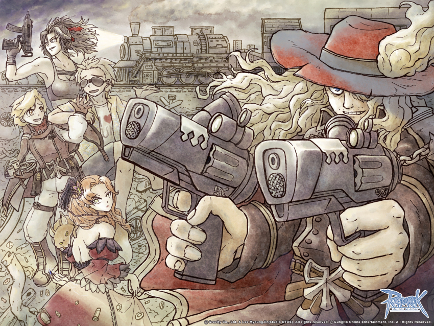 2girls, 3boys, back, bandolier, beard_stubble, belt, black_coat, black_hair