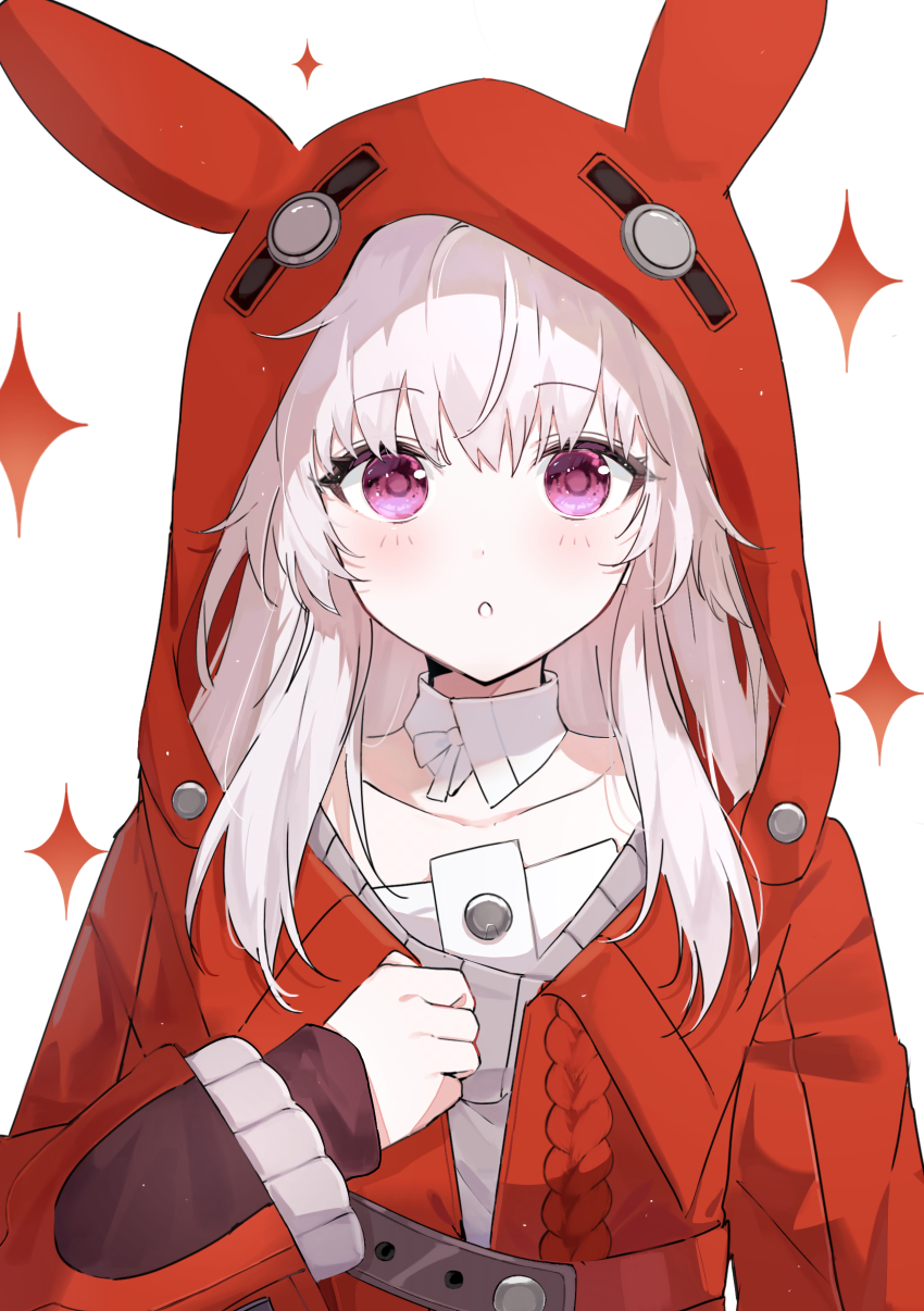 1girl, :o, absurdres, animal_hood, clara_(honkai:_star_rail), commentary_request, detached_collar, ebitendon, expressionless, hand_up, highres, honkai:_star_rail, honkai_(series), hood, hood_up, hooded_jacket, jacket, light_blush, long_hair, long_sleeves, looking_at_viewer, parted_lips, pink_eyes, red_jacket, simple_background, solo, sparkle, straight-on, upper_body, white_background, white_hair